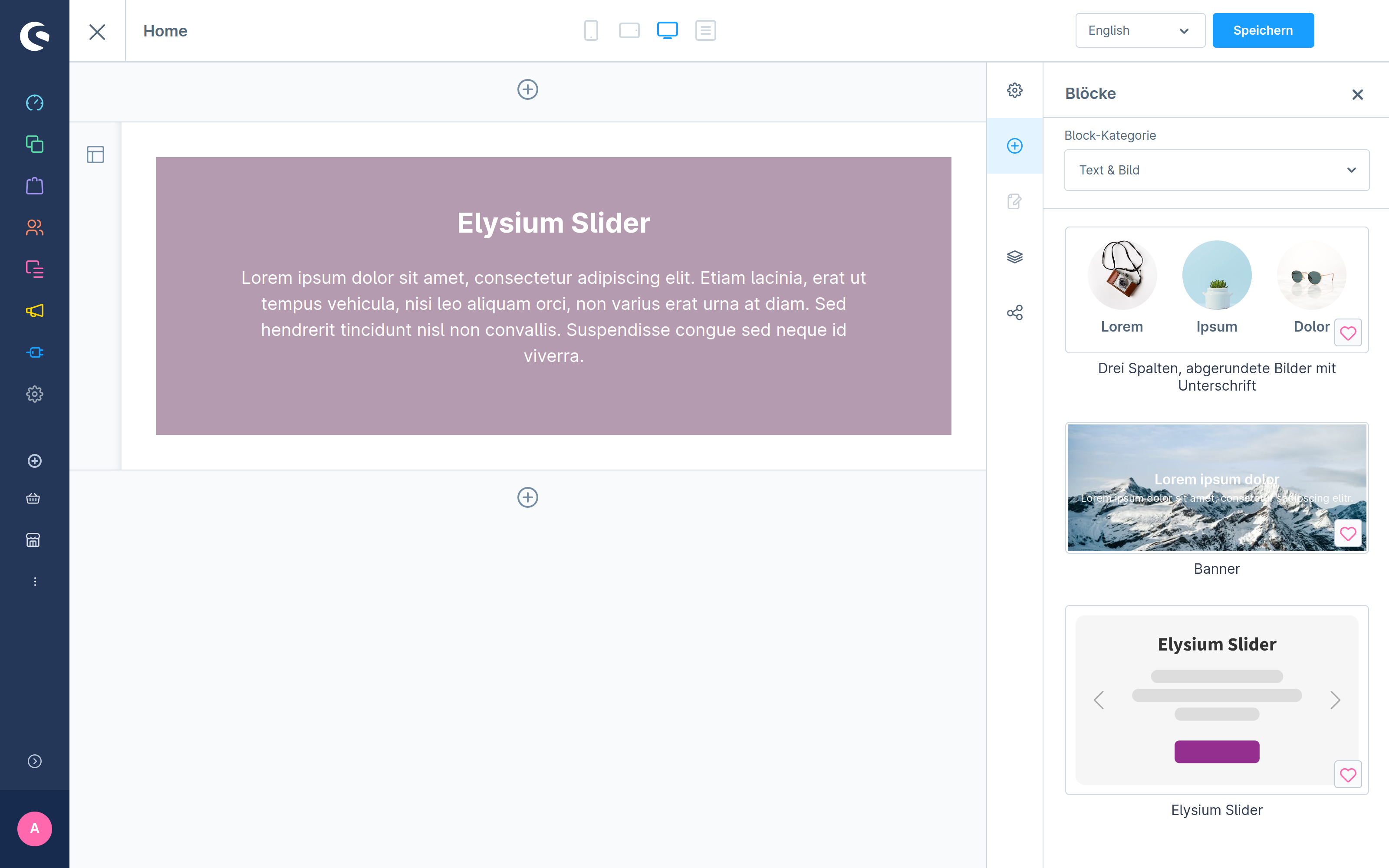Elysium Slider in Block group Text and Images whitin Shopping expierence layout