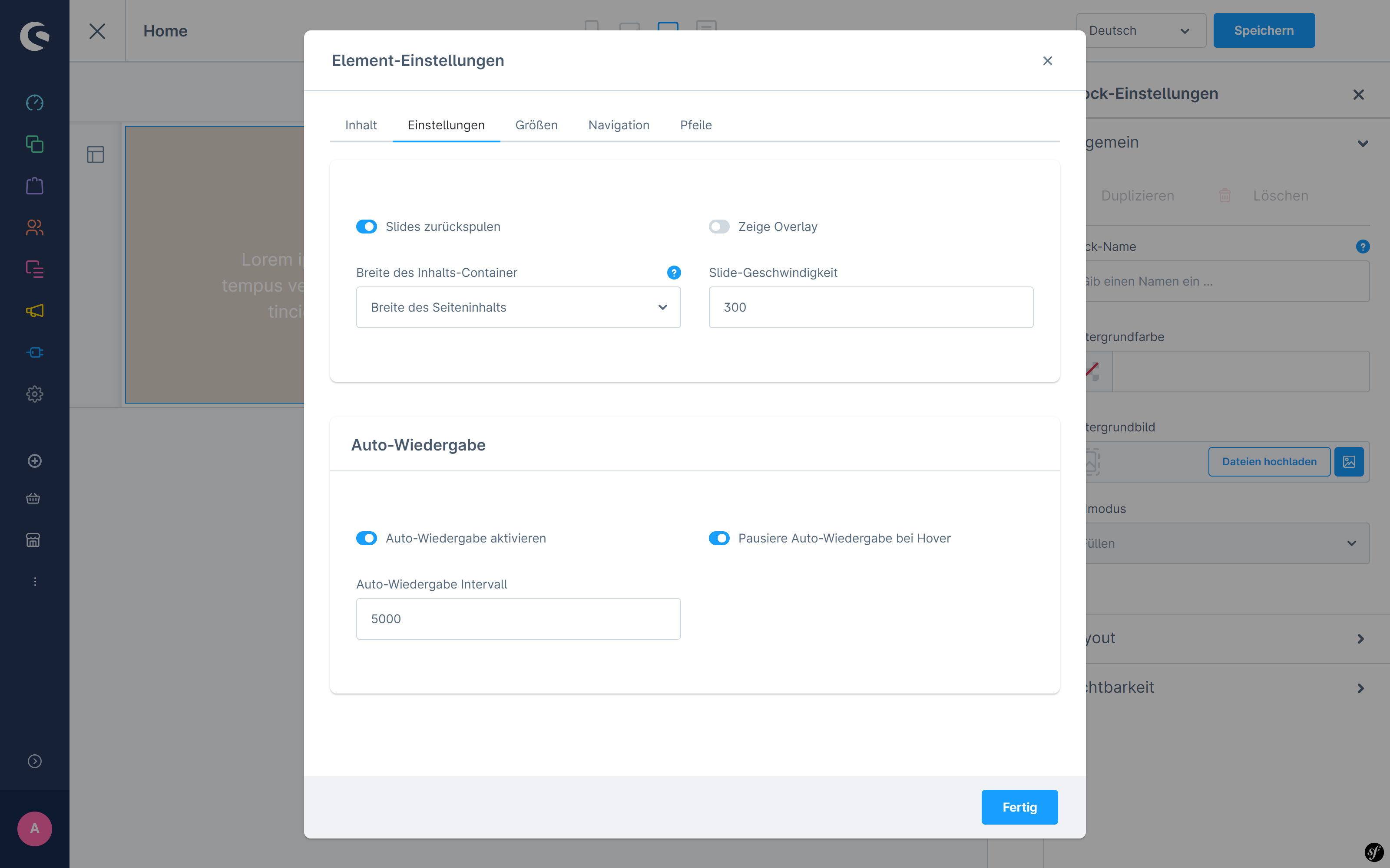 Grundeinstellungen des Slider Elements